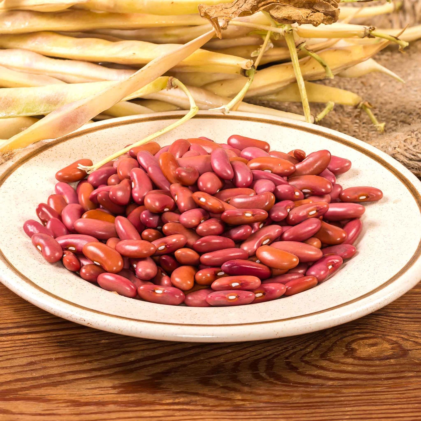 A bowl of shelled light red kidney beans on a dark background.