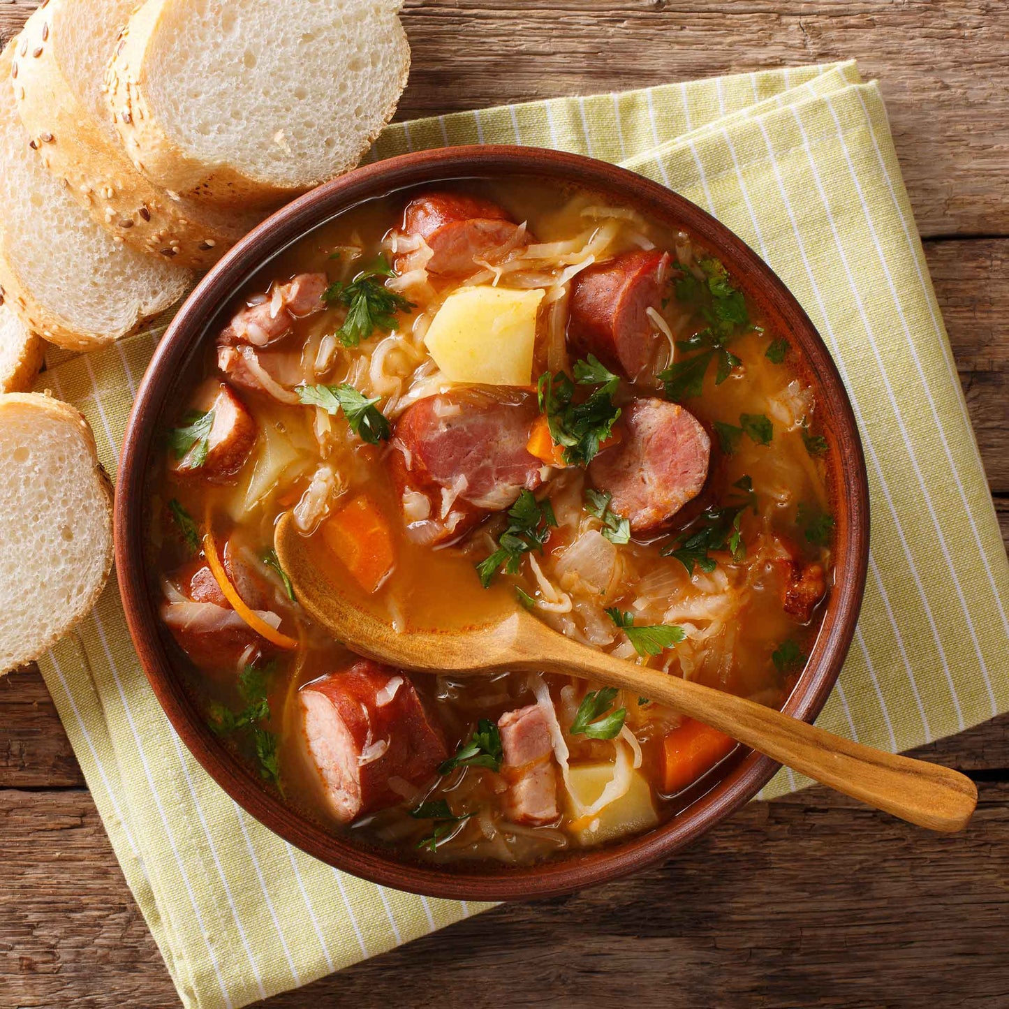 A bowl of soup using all seasons cabbage as part of the dish.