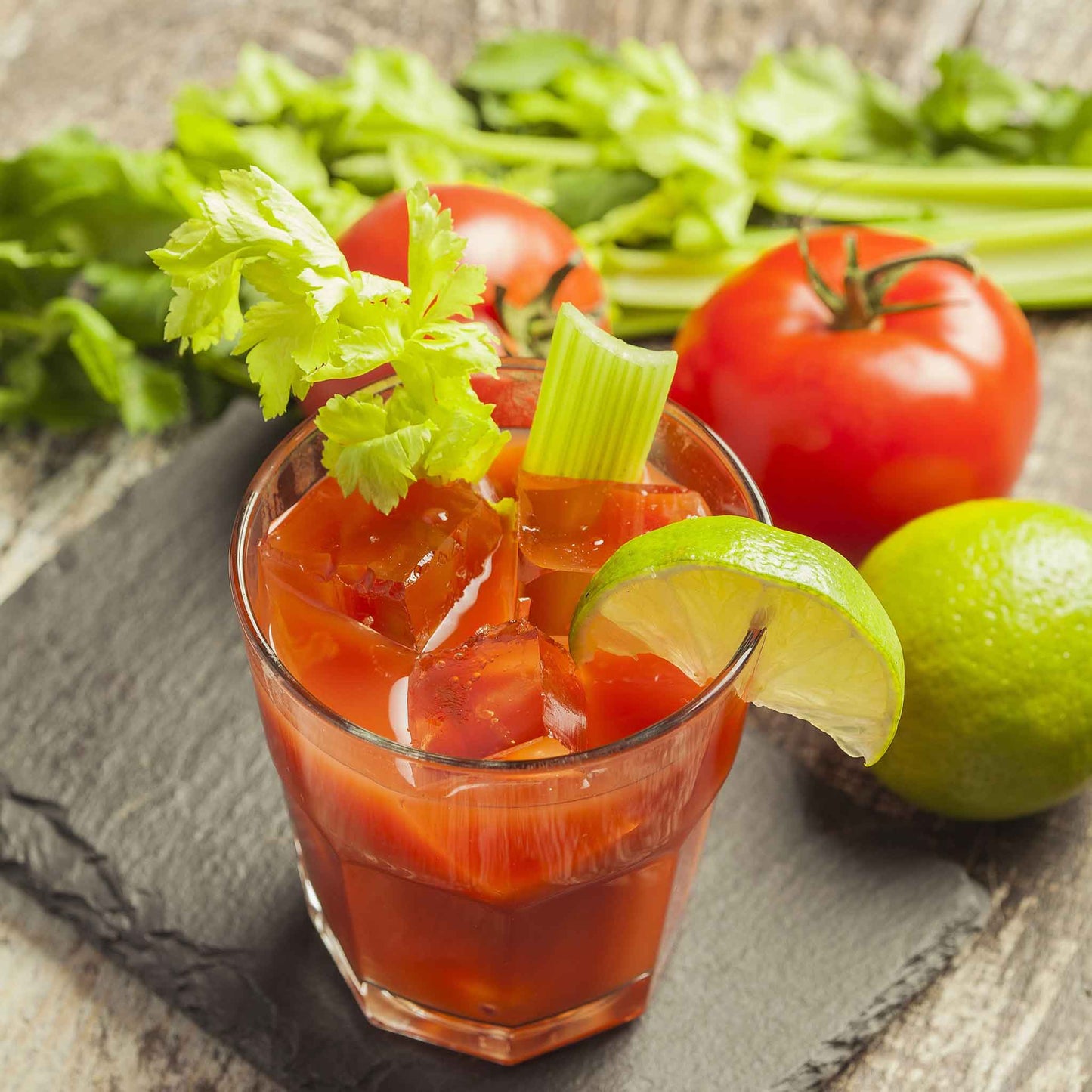 A tomato based beverage garnished with a Tall Utah 52-70 celery stalk.