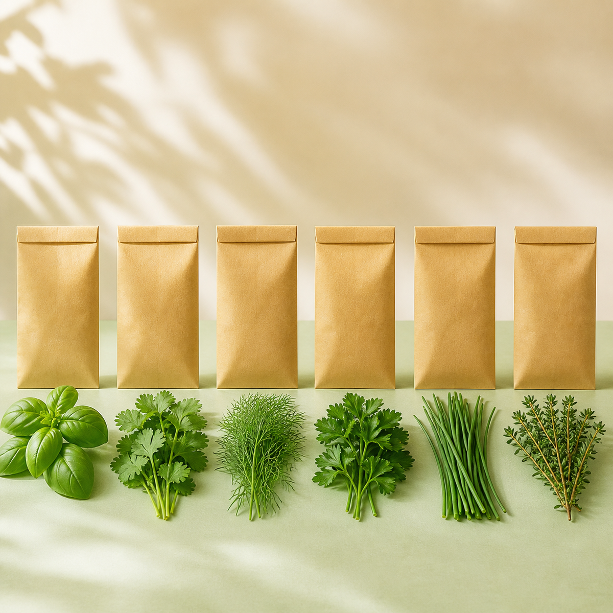 Six culinary herb seed packets with basil cilantro dill parsley chives and thyme