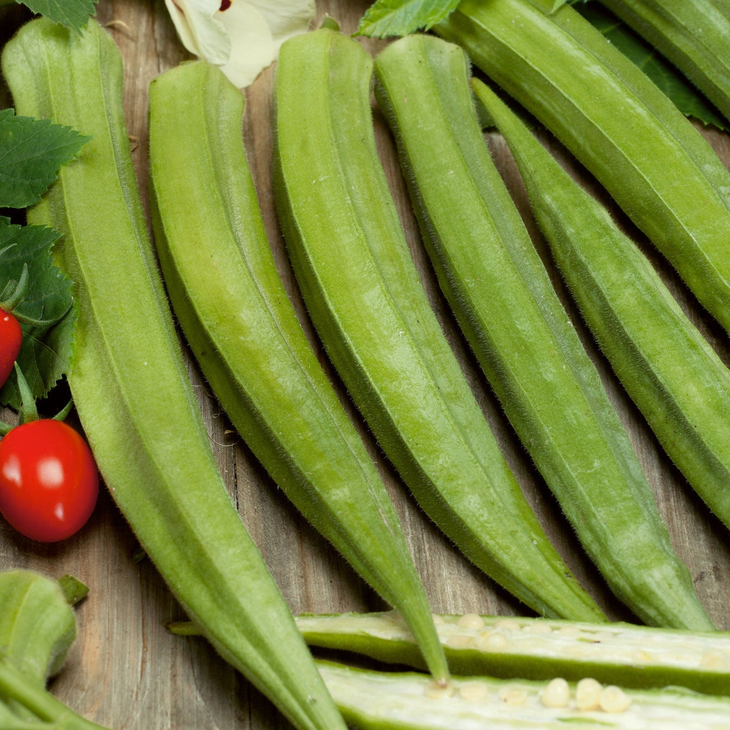 A close-up shot of several Cow Horn okra pods in a pile with some sliced open showing the white interior.