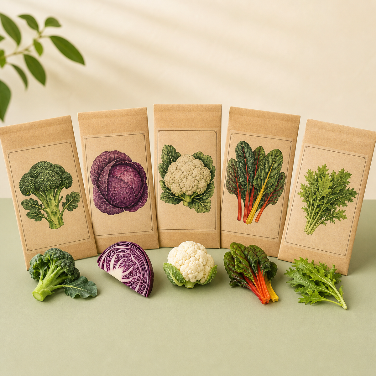 Five seed packets with cool-season vegetables including broccoli cabbage cauliflower chard and mustard
