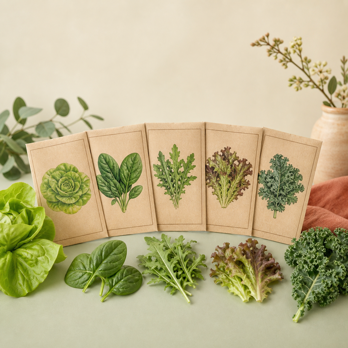 Five seed packets with fall salad greens including lettuce spinach arugula and kale