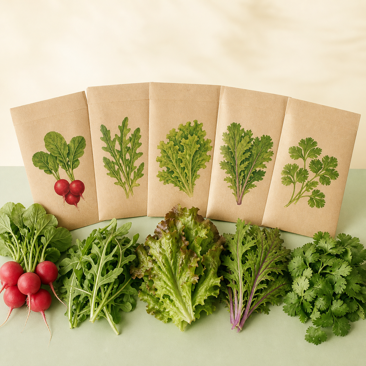 Five beginner-friendly seed packets with radish arugula lettuce mustard and cilantro