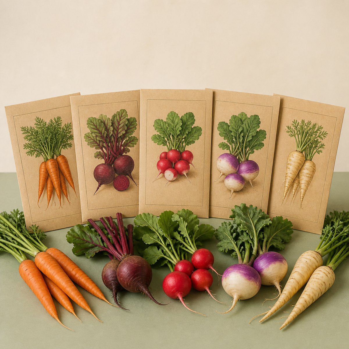 Five root vegetable seed packets with carrot beet radish turnip and parsnip