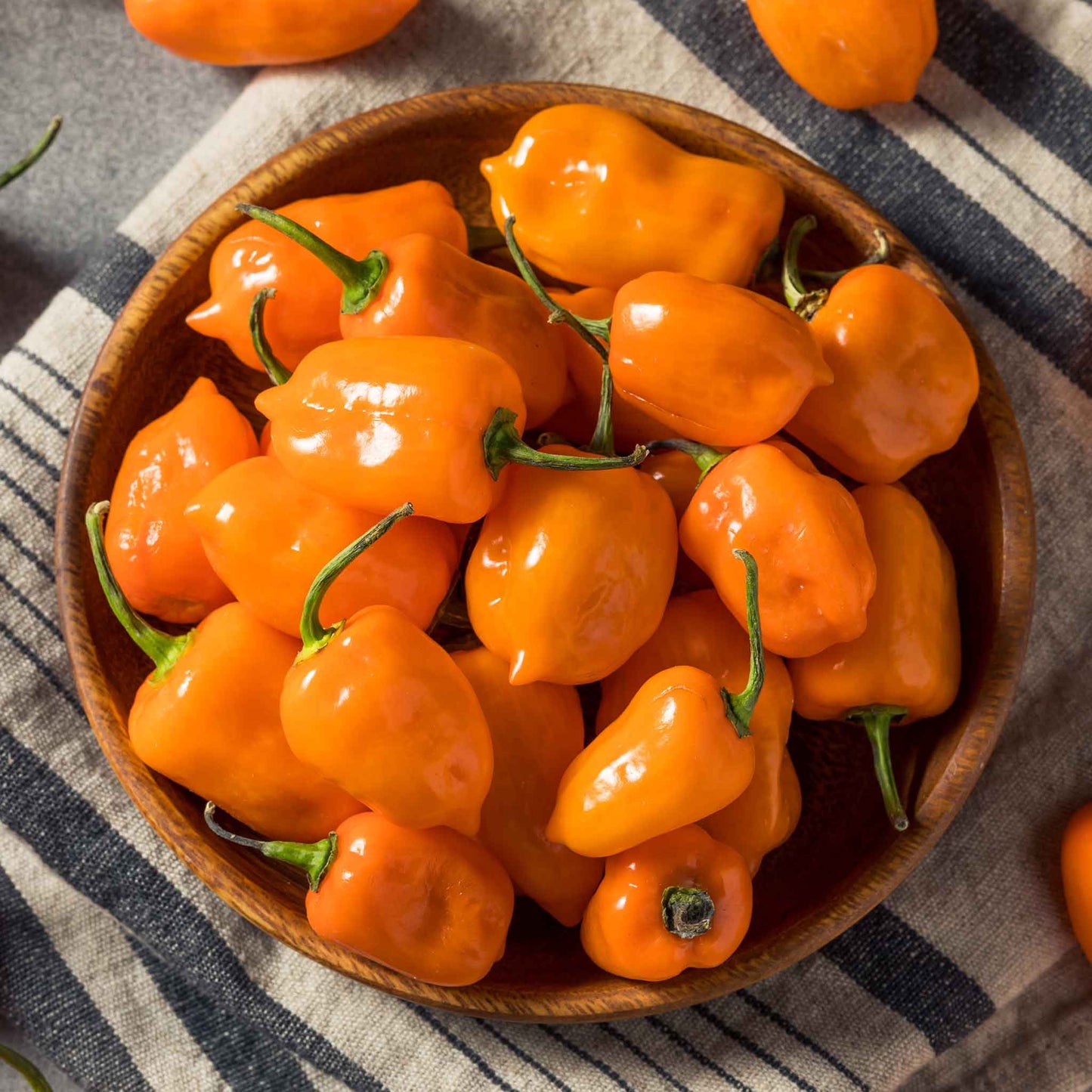 A bowl of Habanero Orange peppers with green stems.