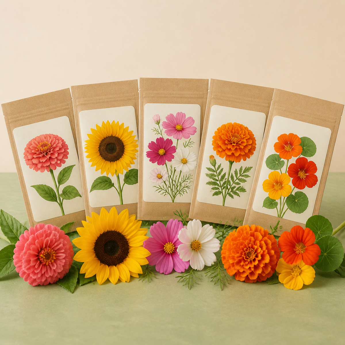 Five pollinator flower seed packets with zinnia sunflower cosmos marigold and nasturtium