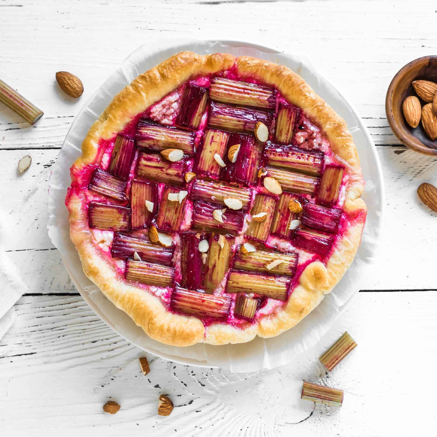 Victoria rhubarb in a rhubarb pie showing nice red coloring.