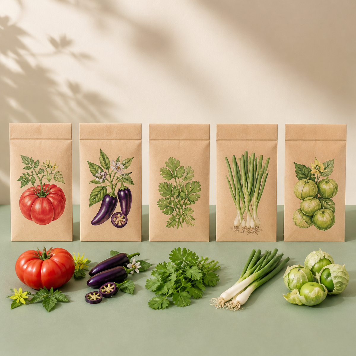 Five salsa garden seed packets with tomato jalapeno cilantro onion and tomatillo