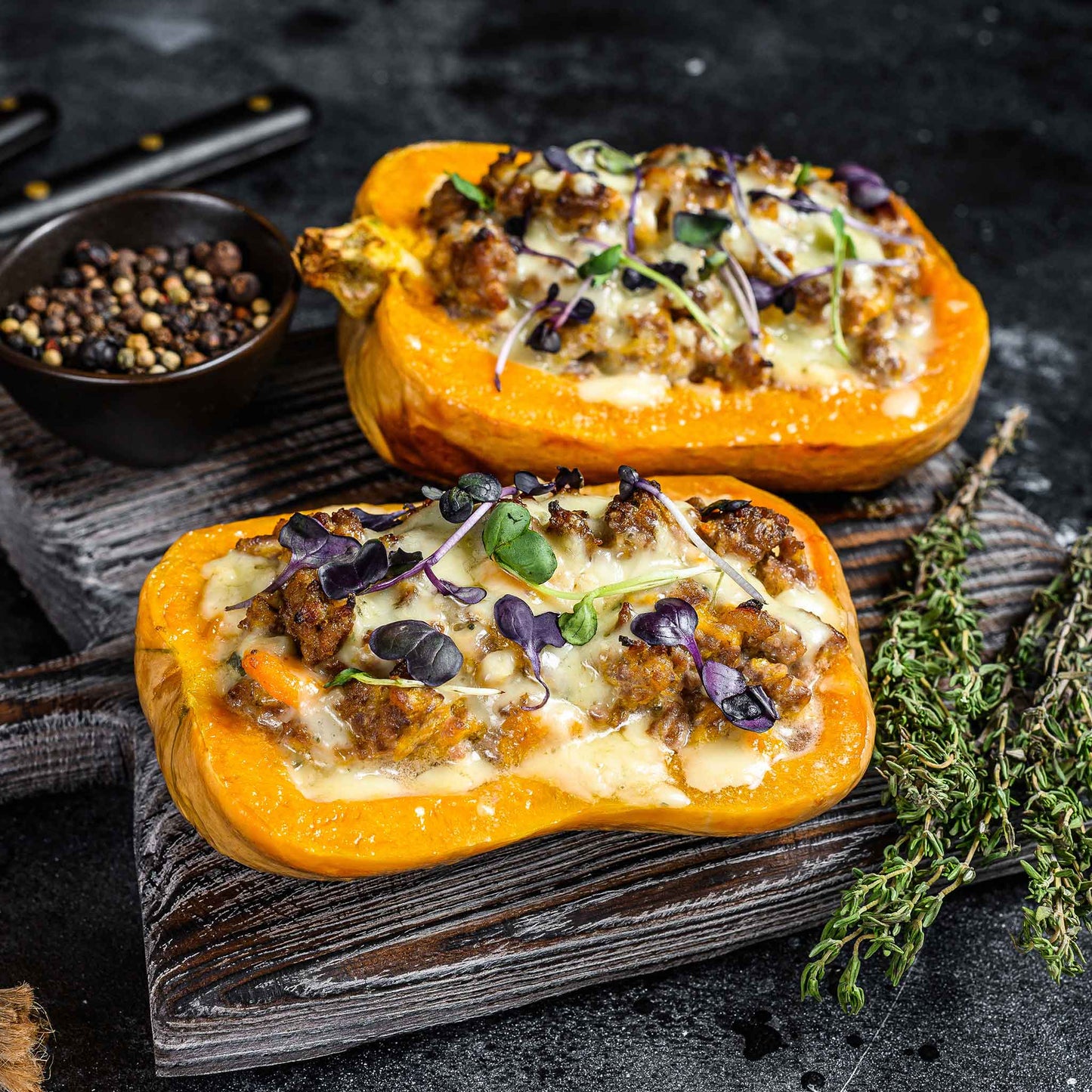 A hollowed Honeynut squash stuffed with food ready for dinner.
