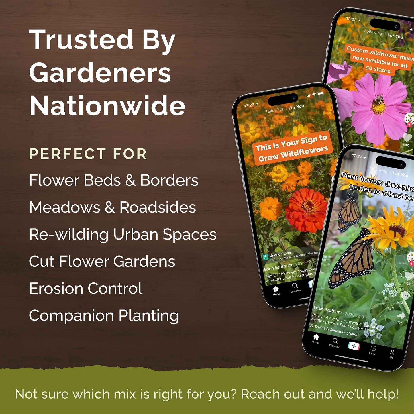 Three smartphones displaying images of flowers and gardening information on a brown background.