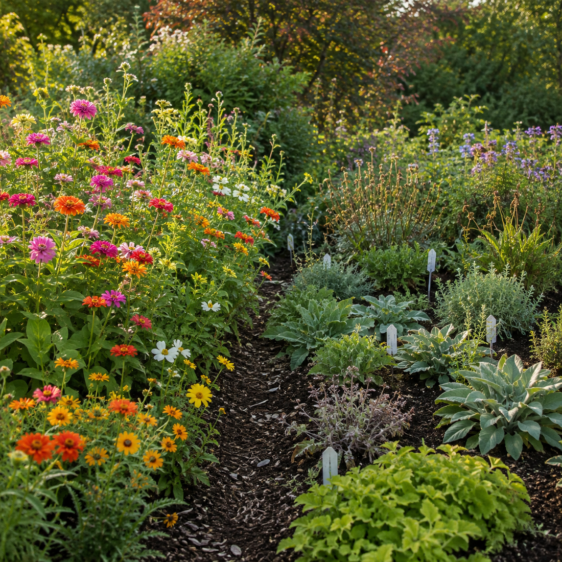 Garden bed with colorful annual flowers beside lower perennial foliage and a few developing blooms.