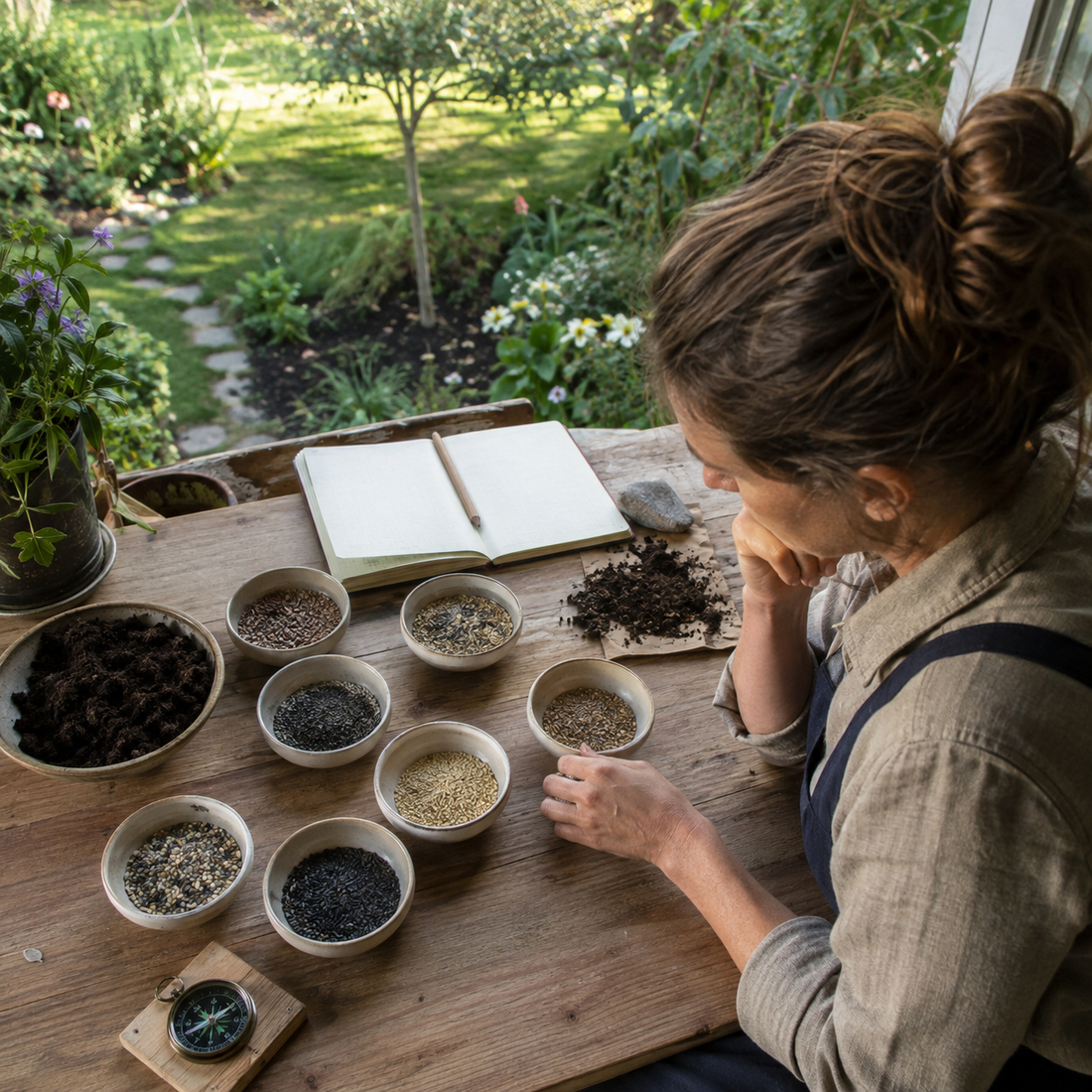 Gardener comparing bowls of flower seeds beside a soil sample and notebook at an outdoor table.