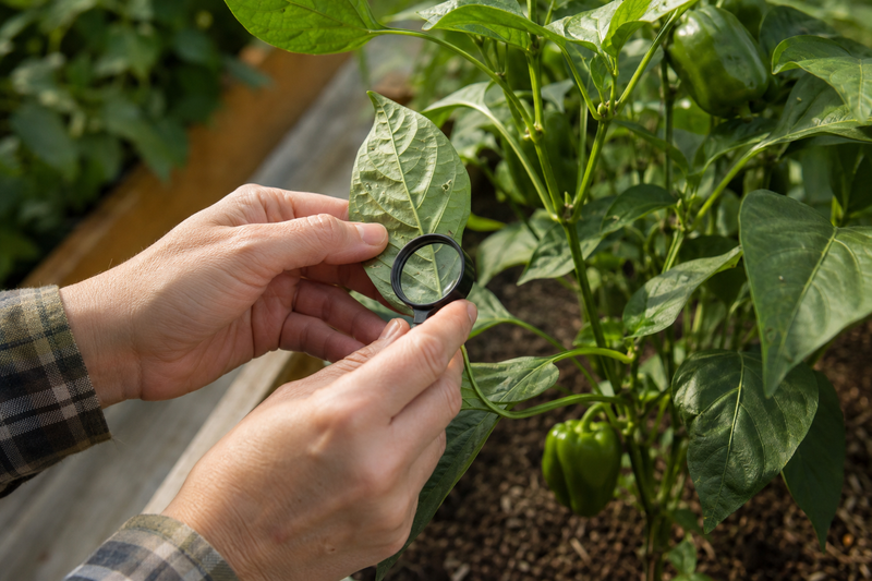 Gardener inspecting the underside of a pepper leaf for insect pests.