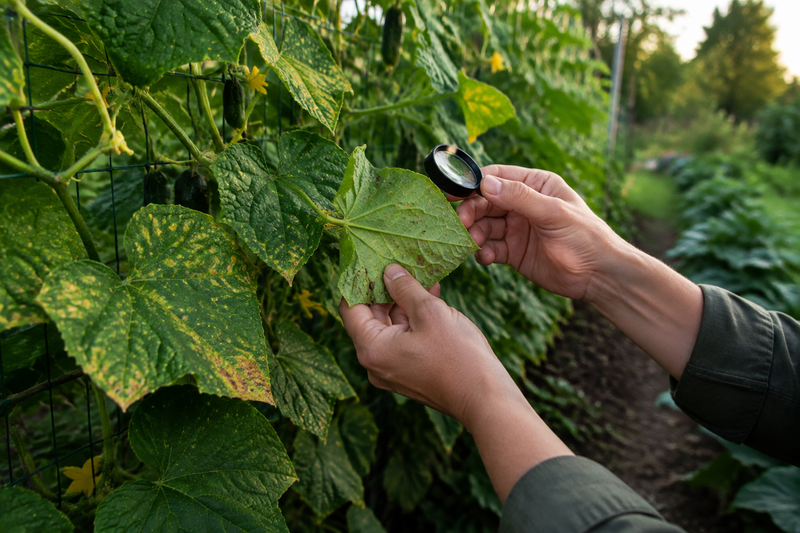 Gardener using a hand lens to inspect yellow and brown spots on a cucumber leaf.
