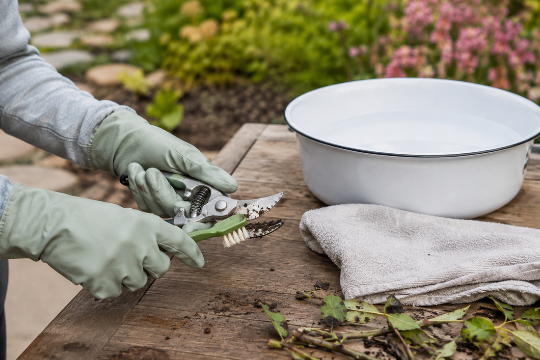 Gloved gardener cleaning soil from pruning shears beside an outdoor wash basin.