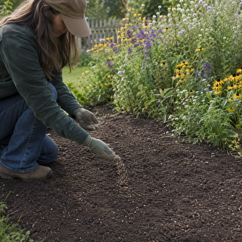 Gardener broadcasting wildflower seed onto a prepared bed beside an established flower patch in early fall.