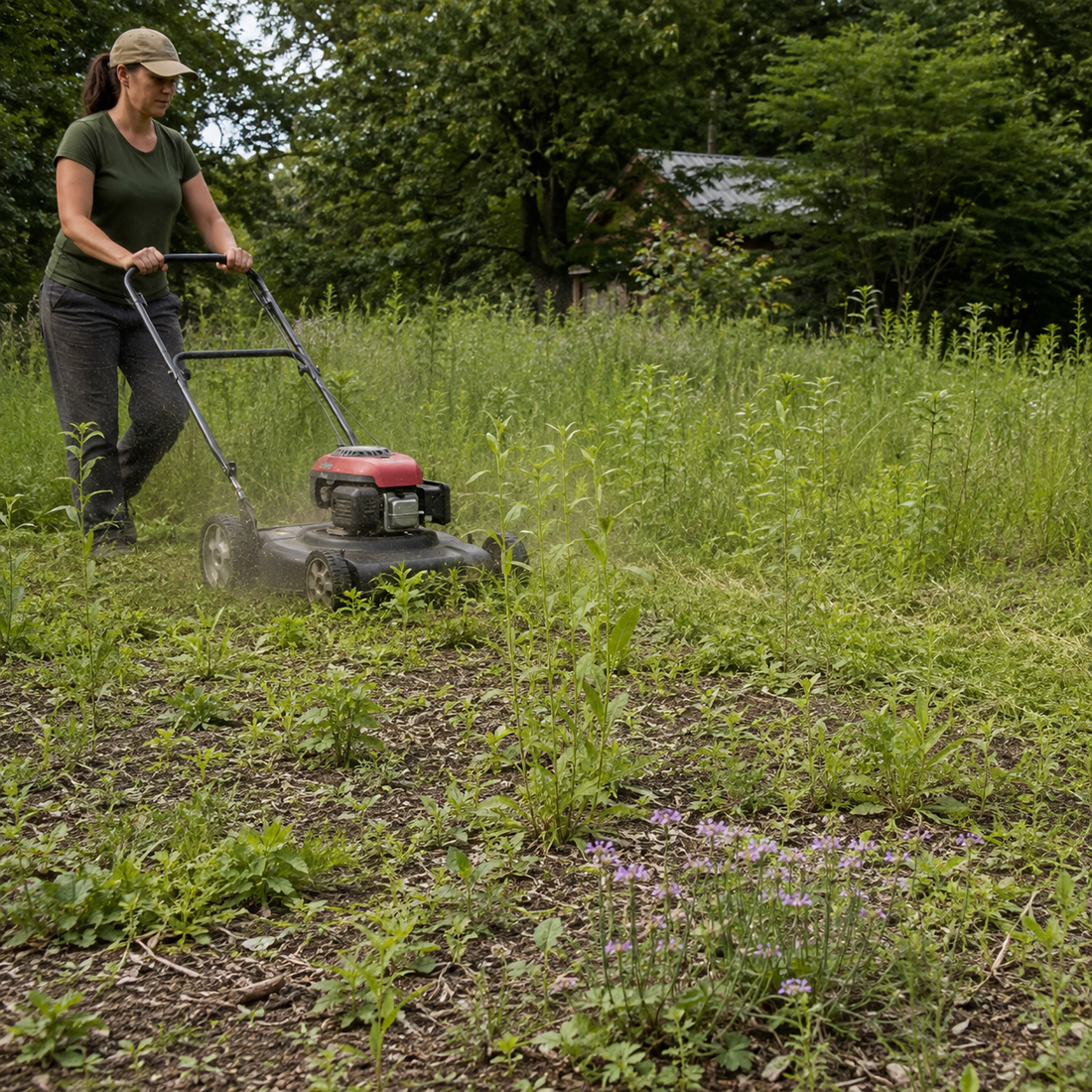 Gardener mowing above low wildflower seedlings in a first-year meadow with taller weeds.