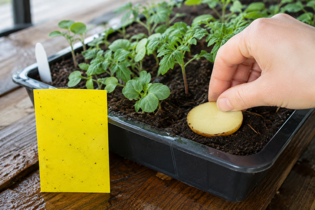 Sticky card and potato slice used to check a damp seedling tray for fungus gnats.