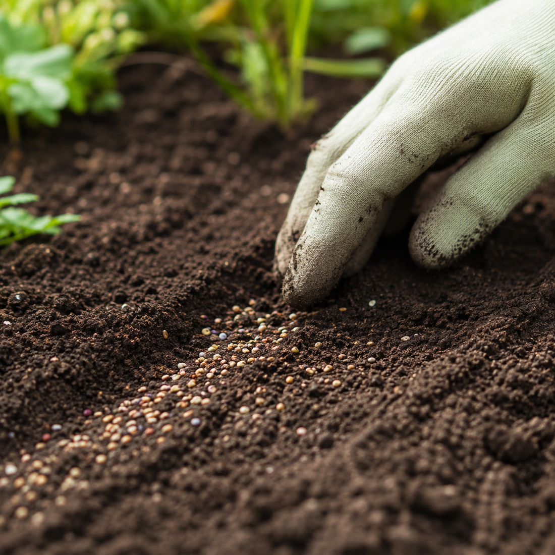 Gloved fingertips pressing tiny mixed flower seeds into a shallow groove on the soil surface.
