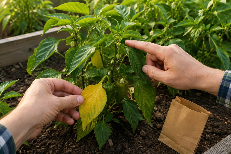 Gardener comparing yellow lower leaves with green new growth on a pepper plant.