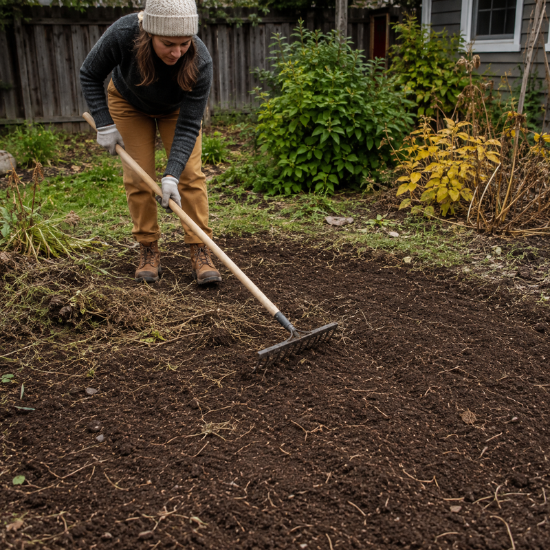 Gardener raking roots and dead vegetation from a clean backyard seedbed in early fall.
