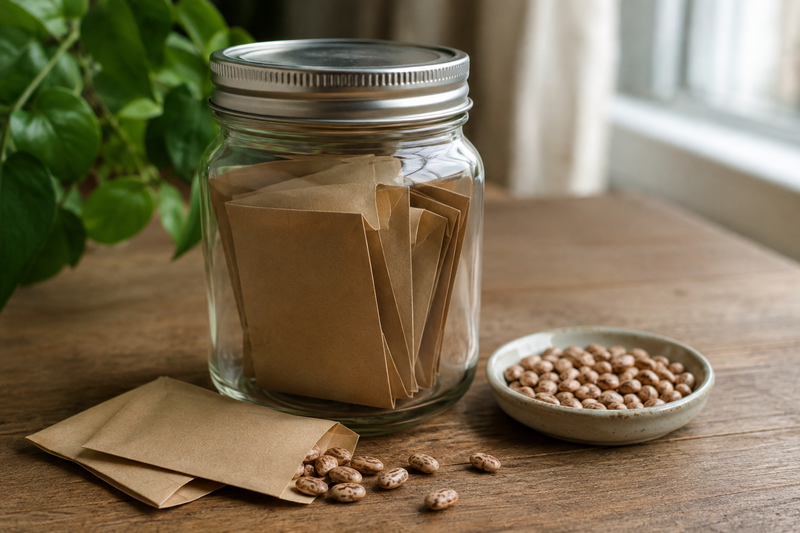 Paper seed envelopes inside a sealed glass jar beside spare envelopes and a dish of dry beans.