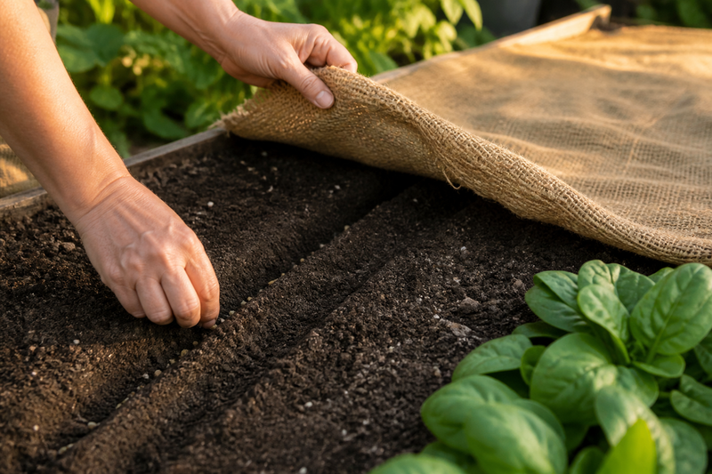 Gardener sowing spinach seed into a moist late-summer garden row under temporary burlap shade.