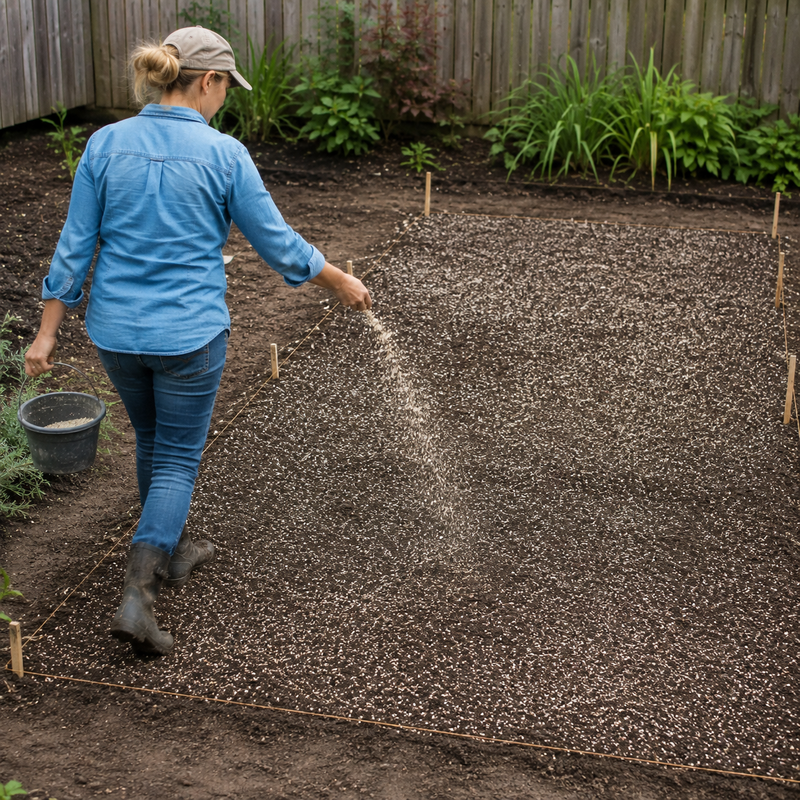 Gardener spreading wildflower seed mixed with a pale carrier across a measured rectangular garden plot.