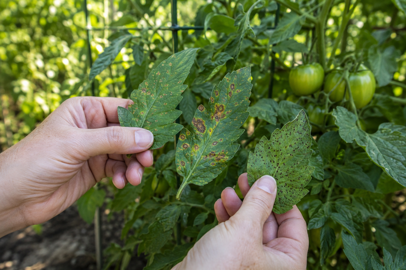 Gardener comparing different brown spot patterns on tomato leaves.