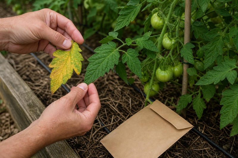 Gardener comparing yellow lower leaves with green new growth on a tomato plant.