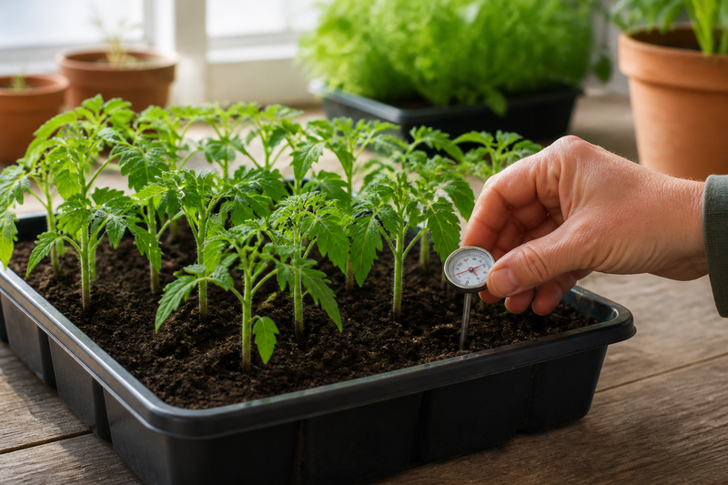Gardener checking the temperature of a tray of young tomato seedlings indoors.