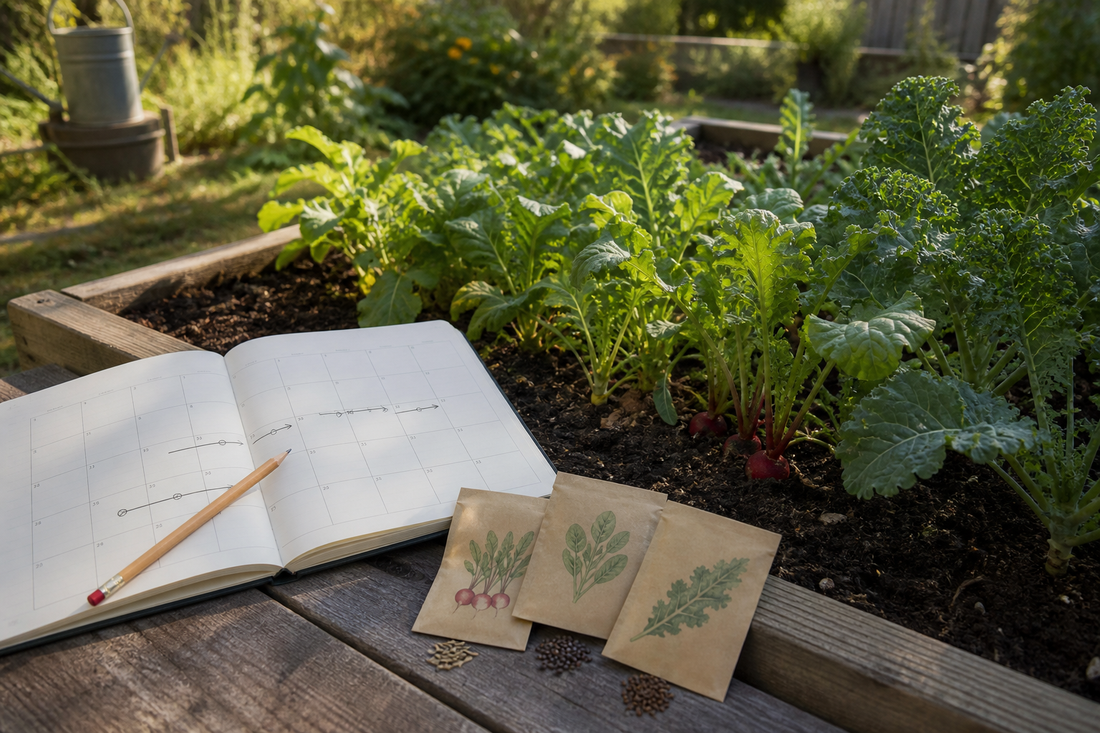 Late-summer vegetable garden with a planting calendar and seed envelopes
