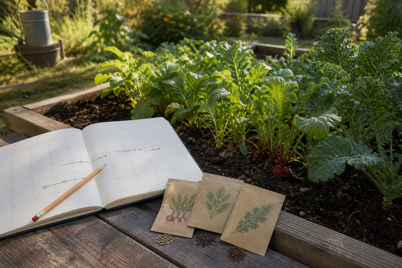 Late-summer vegetable garden with a planting calendar and seed envelopes