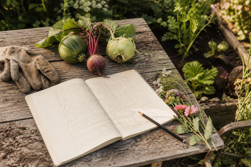 Open garden journal with a hand-drawn bed map beside gloves, vegetables, and flower stems on a potting table.