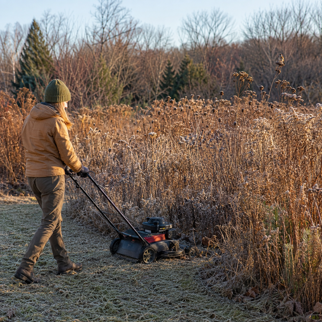 Gardener mowing a narrow high edge beside standing frosted meadow stems and seed heads in late fall.