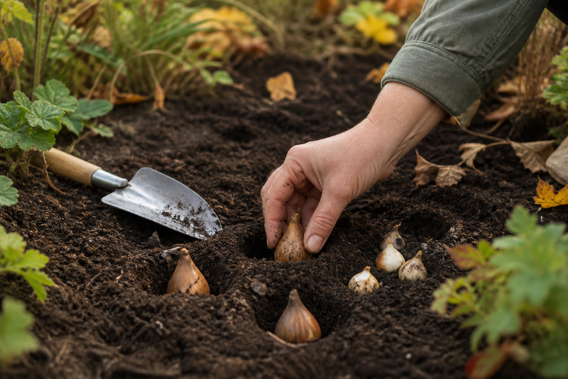 Gardener placing tulip and daffodil bulbs into loose soil in an autumn garden bed.