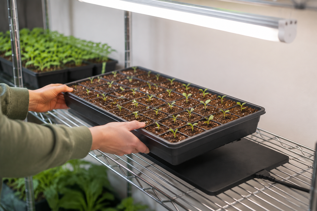 Gardener moving a newly sprouted seed tray from a heat mat toward a grow light.
