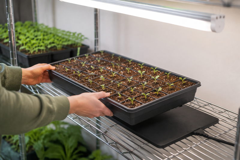 Gardener moving a newly sprouted seed tray from a heat mat toward a grow light.
