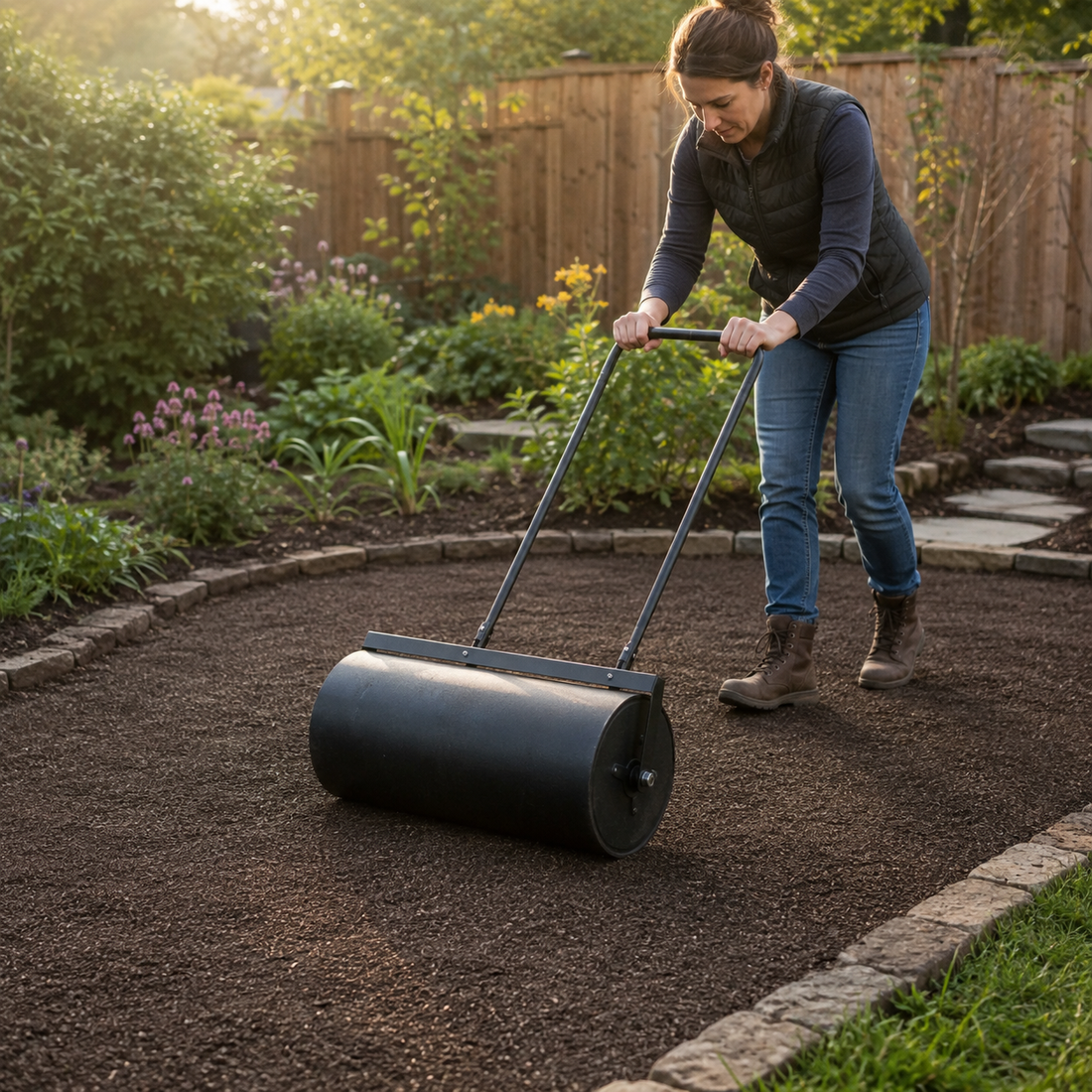 Gardener rolling a freshly sown, level wildflower seedbed with a lightweight lawn roller.