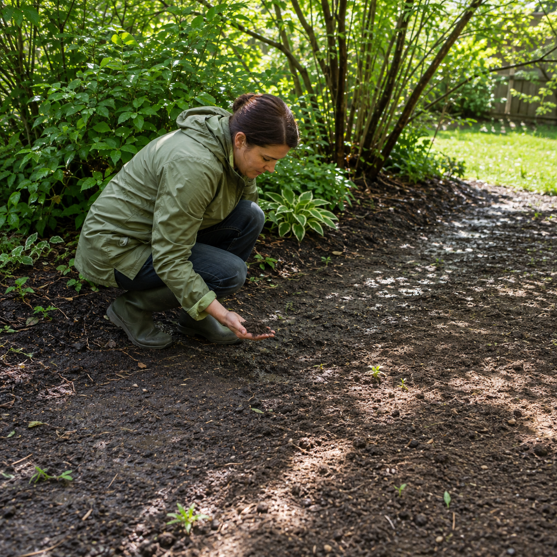 Gardener checking damp soil where an open sunny yard transitions into dappled tree shade.