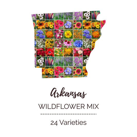 Graphic of the outline of the state for Arkansas Wildflower Seed Mix that contains images of the flowers in the mix