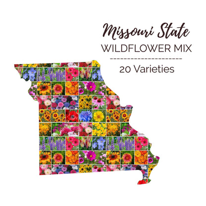 Graphic of the outline of the state for Missouri Wildflower Seed Mix that contains images of the flowers in the mix