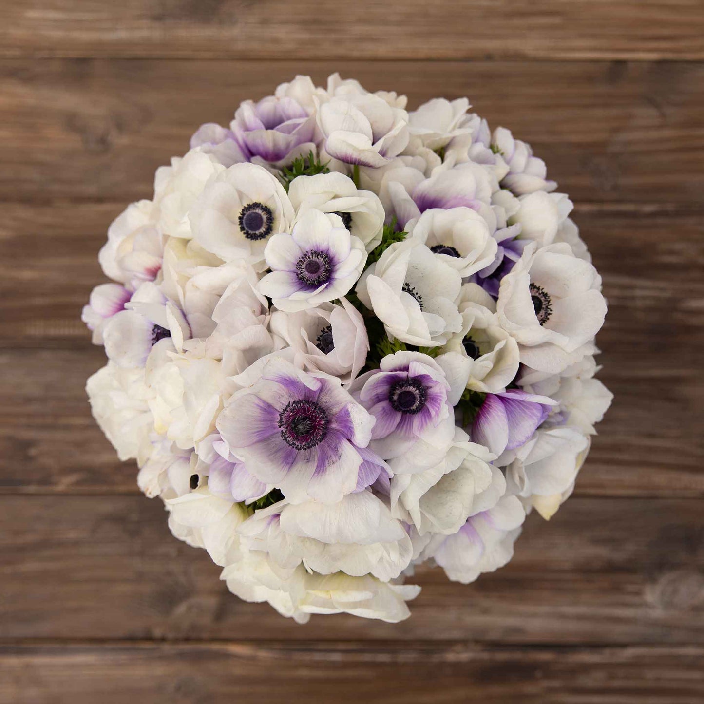 A bouquet of snow kiss mix anemone flowers on a wooden table shot from overhead.