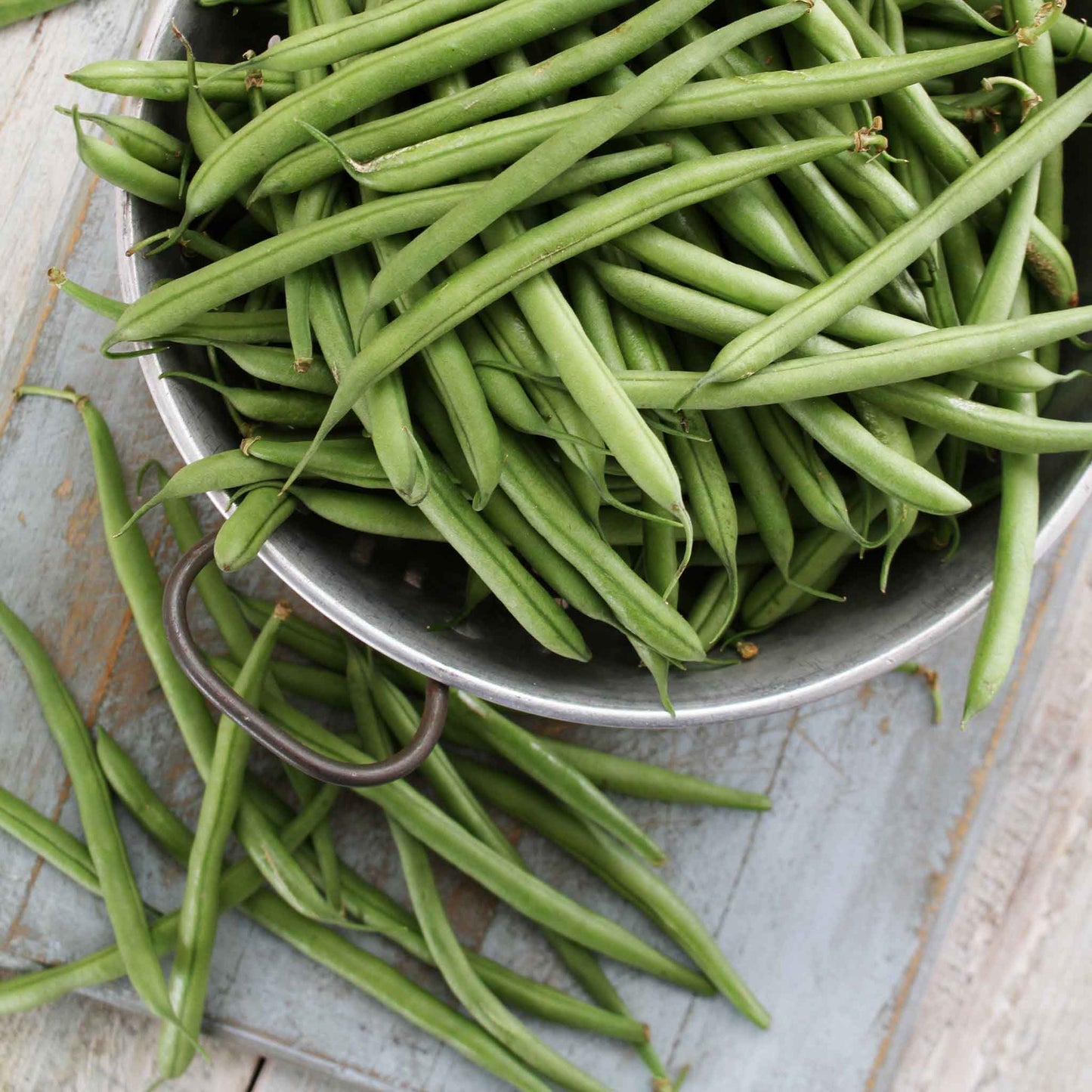 A close-up shot of green Tenderette beans in a bowl on a light surface.