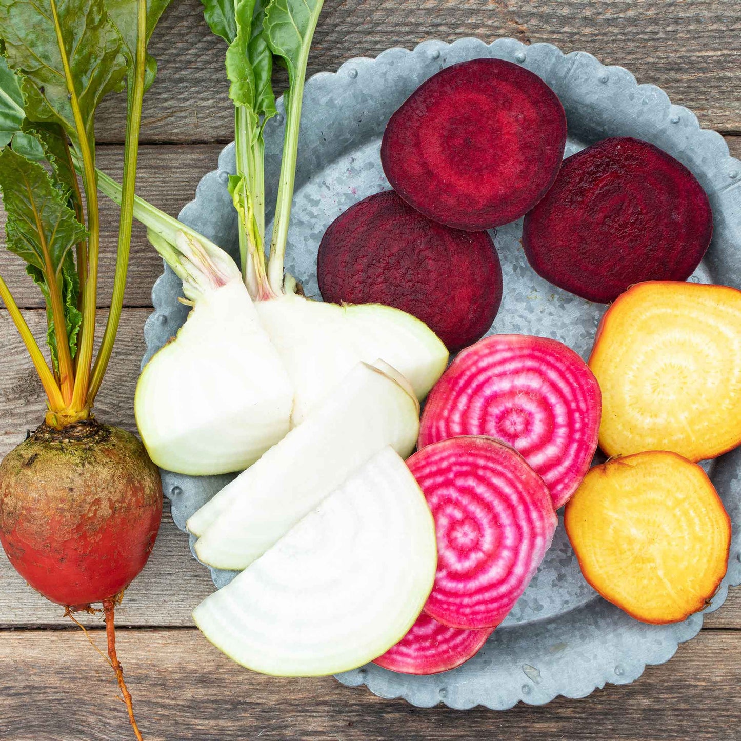 A vibrant rainbow mix of harvested beets in various colors, showcasing shades of red, purple, and gold.