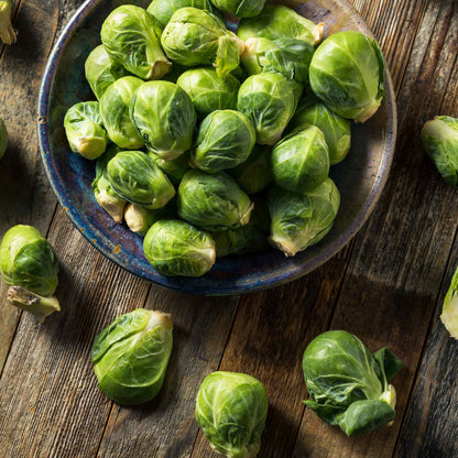 Close-up of a bowl of vibrant green Long Island Improved brussels sprout.