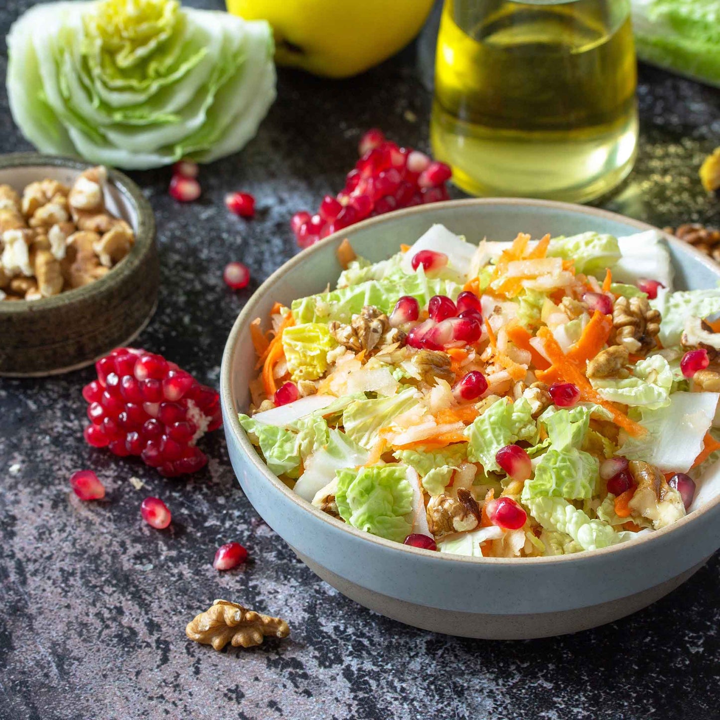 A salad using Michili Chinese Cabbage ready to eat on a dark surface.