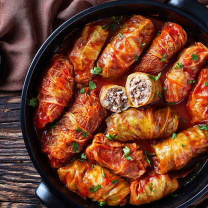 Cooked cabbage rolls made with copenhagen market cabbage.