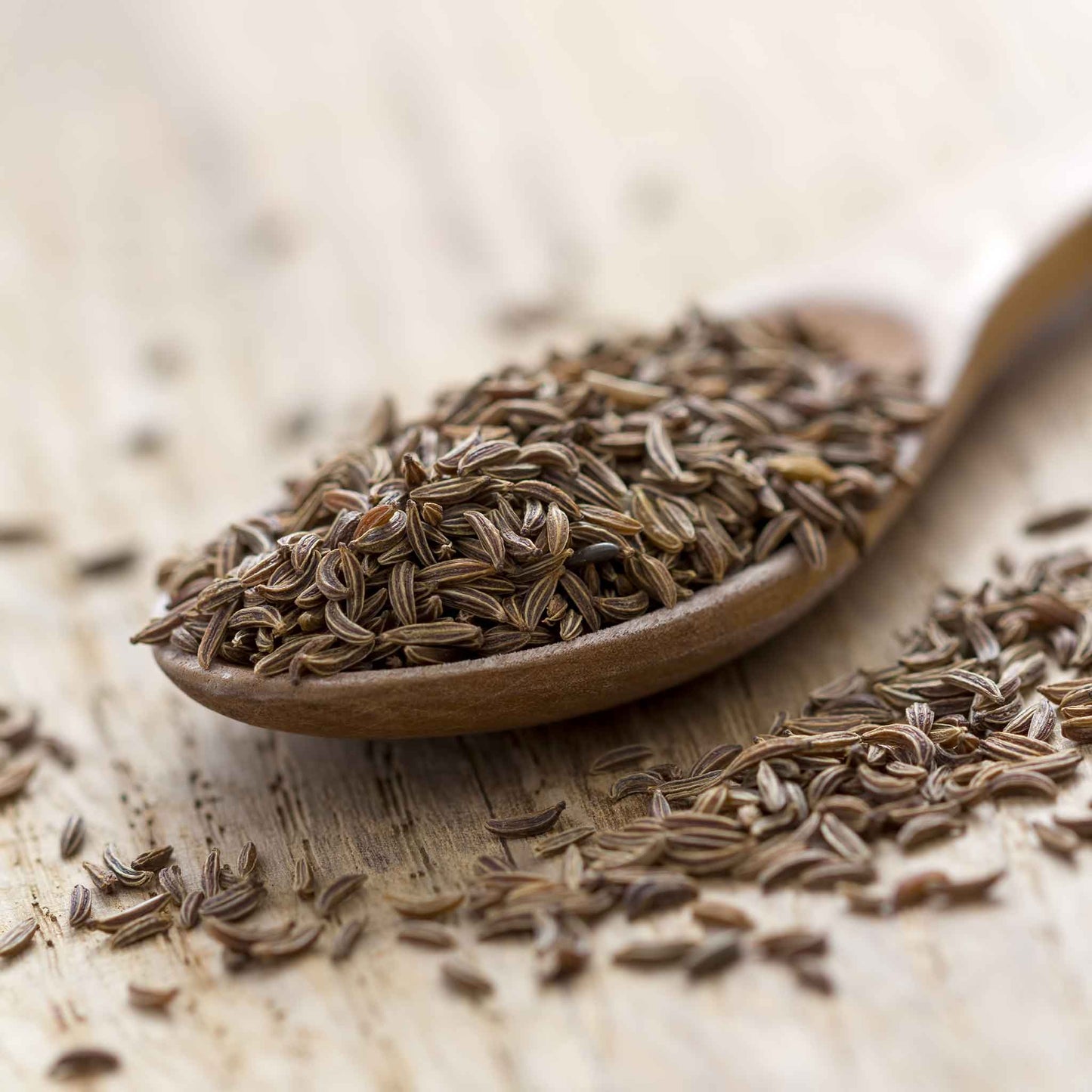 Caraway seeds, a common ingredient in baking and cooking, are scattered on a neutral surface.